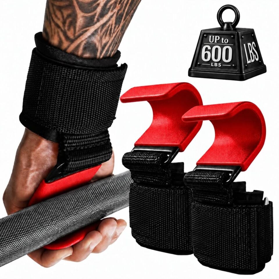 Valkyrie 2’li Ağırlık Kaldırma Kancası Bilek Destekli Güç Antrenmanı Fitness Strap Kırmızı