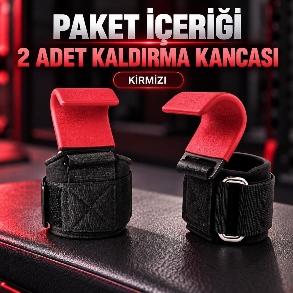 Valkyrie 2’li Ağırlık Kaldırma Kancası Bilek Destekli Güç Antrenmanı Fitness Strap Kırmızı