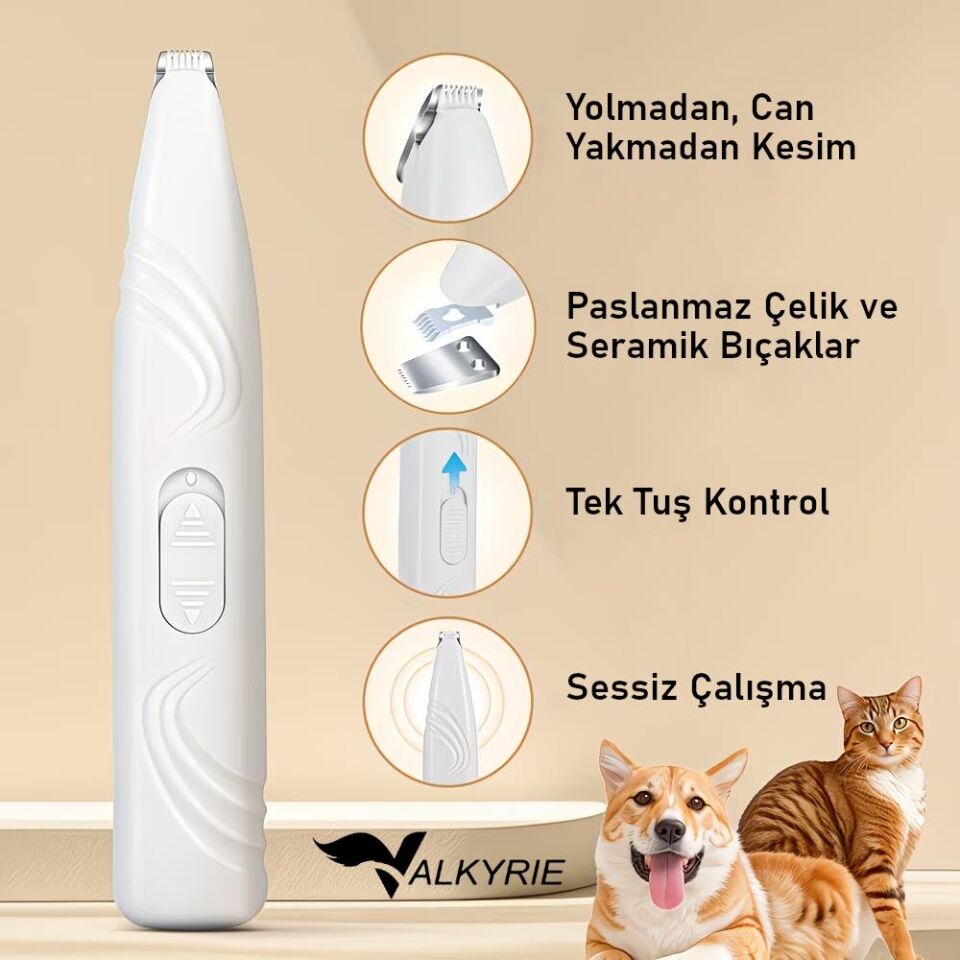 Valkyrie Kedi Köpek Pati Tüy Kesme Makinesi Sessiz Hassas Bölge Traş Cihazı Seramik & Çelik Bıçaklı