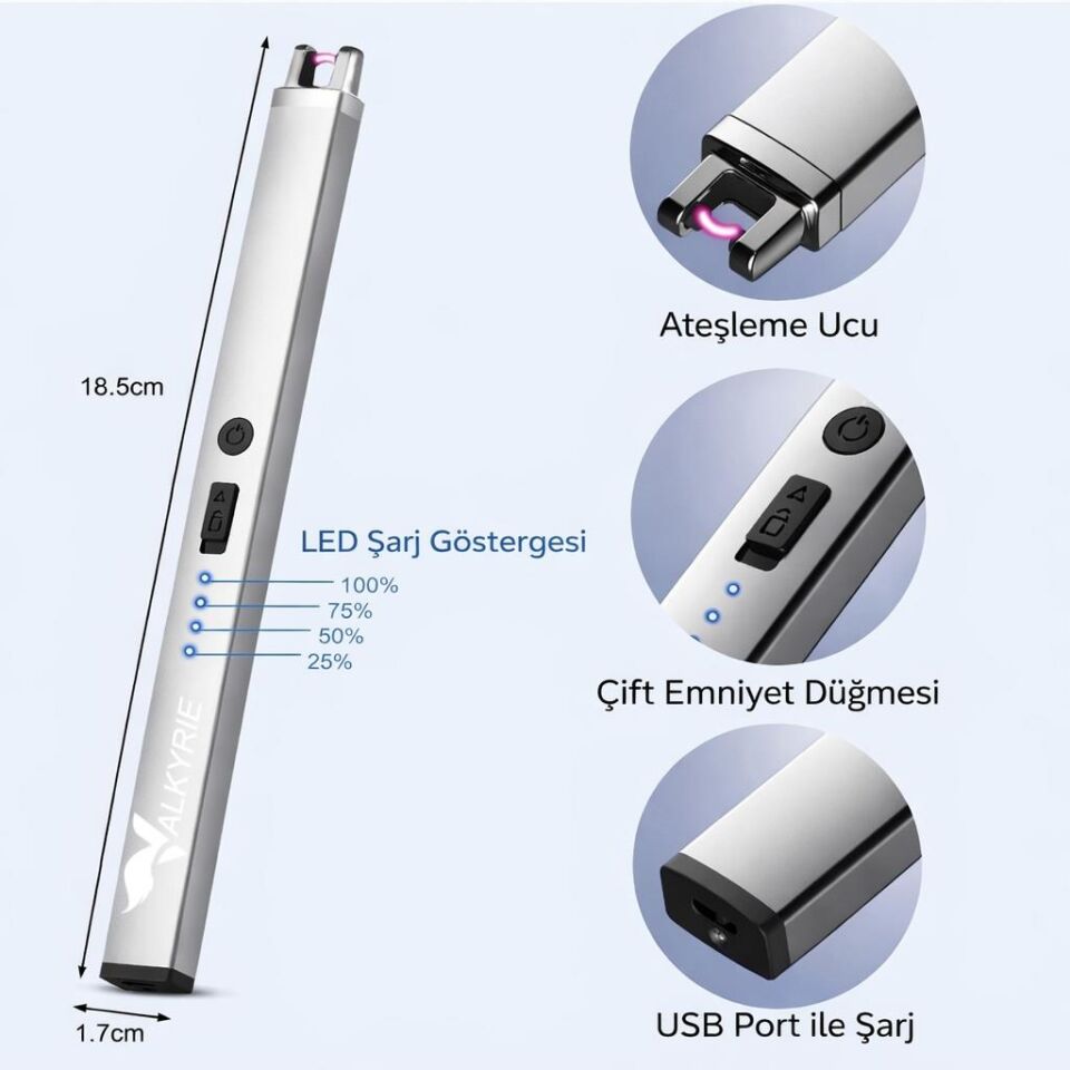 Valkyrie USB Şarjlı Elektrikli Arc Çakmak | Mum İçin | Gazsız | Rüzgar Kırıcı | Çift Emniyetli | Gümüş Renk