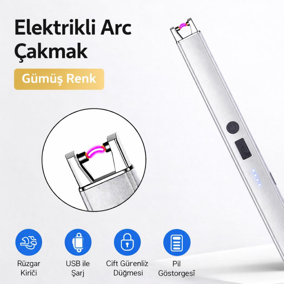 Valkyrie USB Şarjlı Elektrikli Arc Çakmak | Mum İçin | Gazsız | Rüzgar Kırıcı | Çift Emniyetli | Gümüş Renk