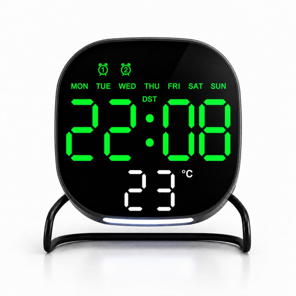 Valkyrie Dijital Yeşil LED Siyah Masa Saati Alarm Beyaz Derece 3 Kademe Işık, USB Destekli Modern Gece Lambalı Saat