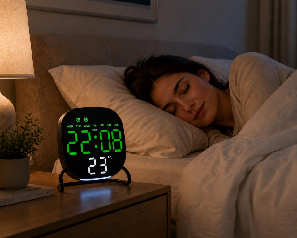 Valkyrie Dijital Yeşil LED Siyah Masa Saati Alarm Beyaz Derece 3 Kademe Işık, USB Destekli Modern Gece Lambalı Saat