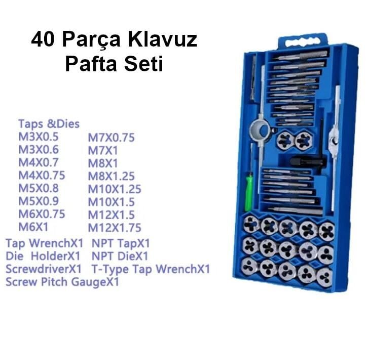 Valkyrie 40 Parça Klavuz Pafta Seti Metrik Set M3-M12 Arası 40lı Takım