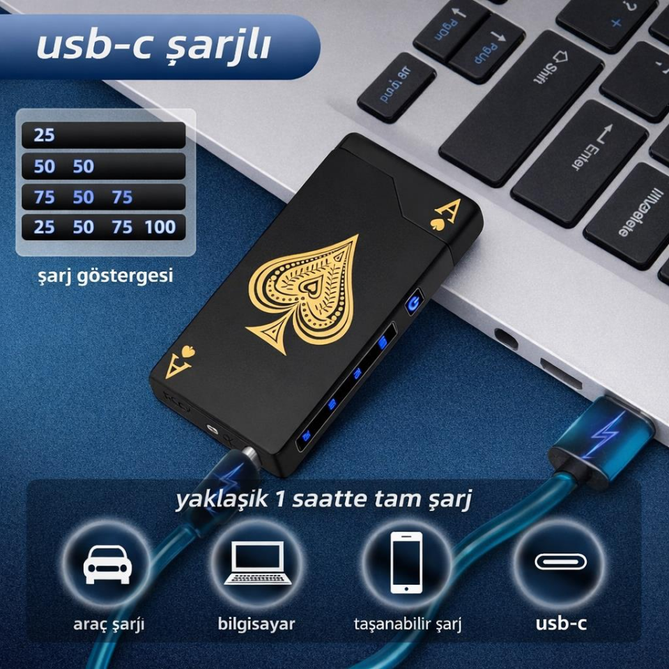 Valkyrie Maça As | USB-C Şarjlı Elektrikli Çakmak | Çift Ark Plazma | Alevsiz | Şarj Göstergeli Cep Çakmağı