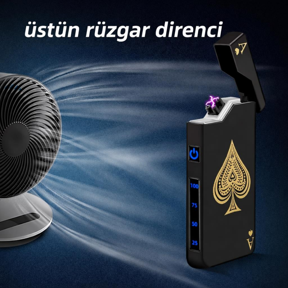 Valkyrie Maça As | USB-C Şarjlı Elektrikli Çakmak | Çift Ark Plazma | Alevsiz | Şarj Göstergeli Cep Çakmağı