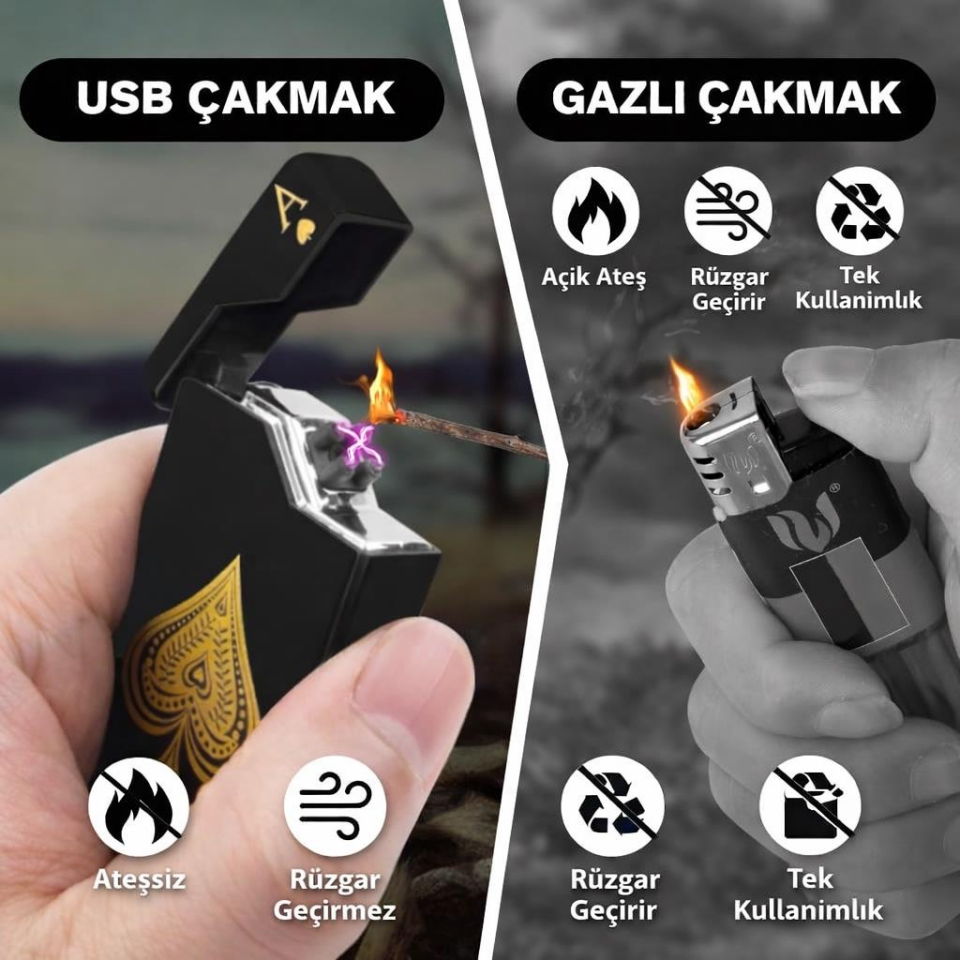 Valkyrie Maça As | USB-C Şarjlı Elektrikli Çakmak | Çift Ark Plazma | Alevsiz | Şarj Göstergeli Cep Çakmağı