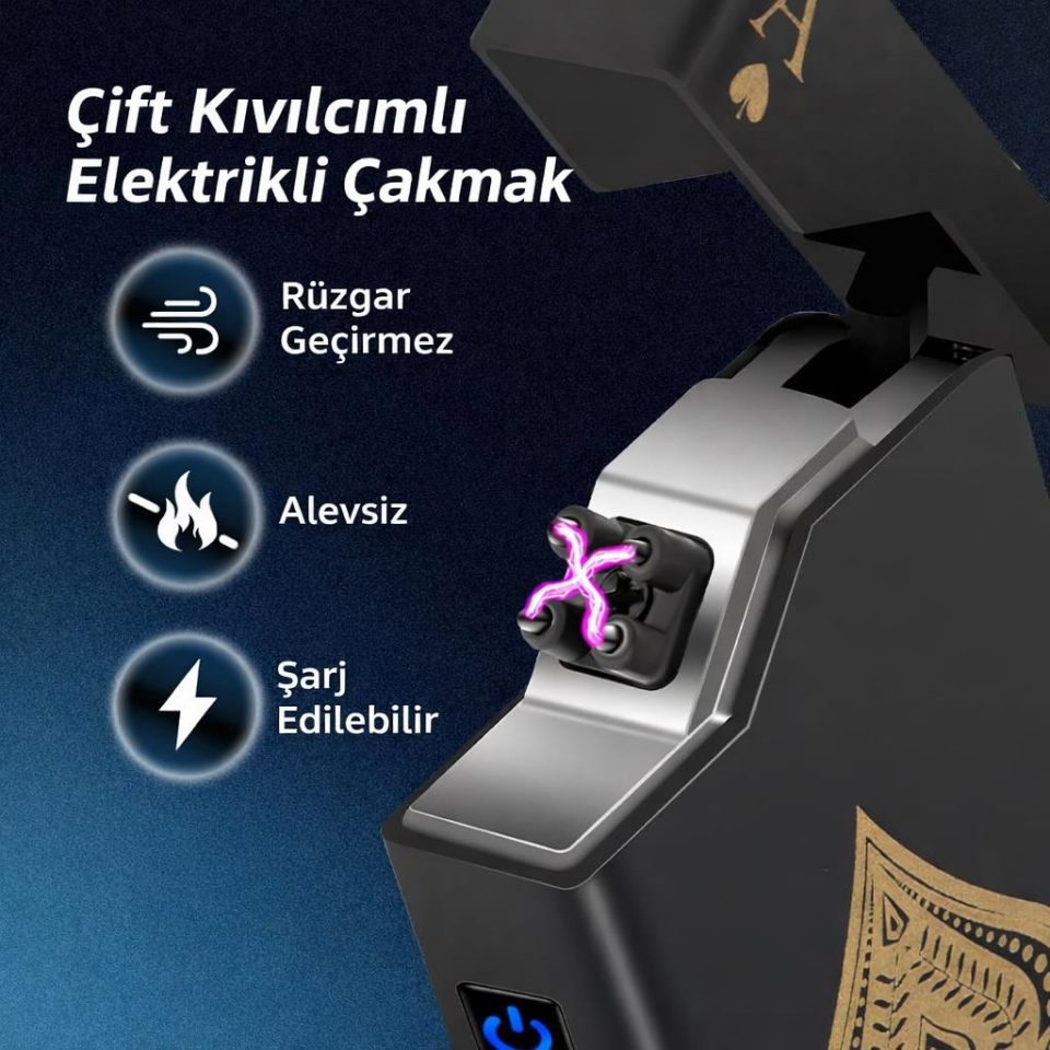 Valkyrie Maça As | USB-C Şarjlı Elektrikli Çakmak | Çift Ark Plazma | Alevsiz | Şarj Göstergeli Cep Çakmağı