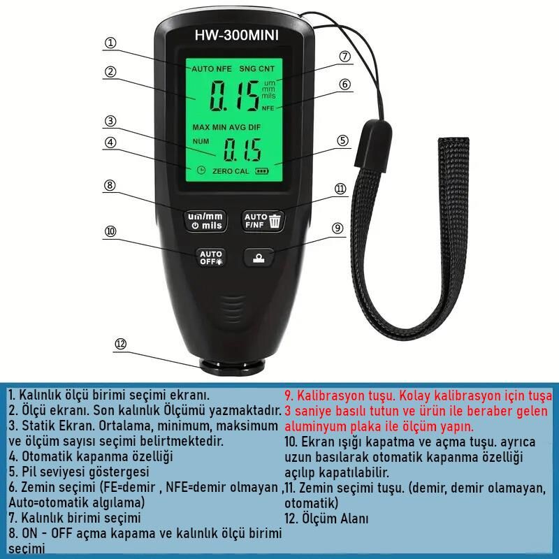 Valkyrie HW-300MINI Dijital Boya Kalınlığı Ölçüm Cihazı 0-2000µm Hassas Ölçer