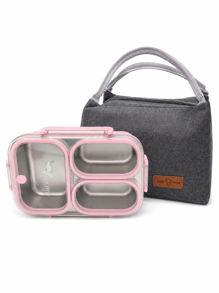 Valkyrie 304 Paslanmaz Çelik 3 Bölmeli Pembe Lunch Box Termal Çantalı – Sızdırmaz Kapaklı Beslenme Kabı,