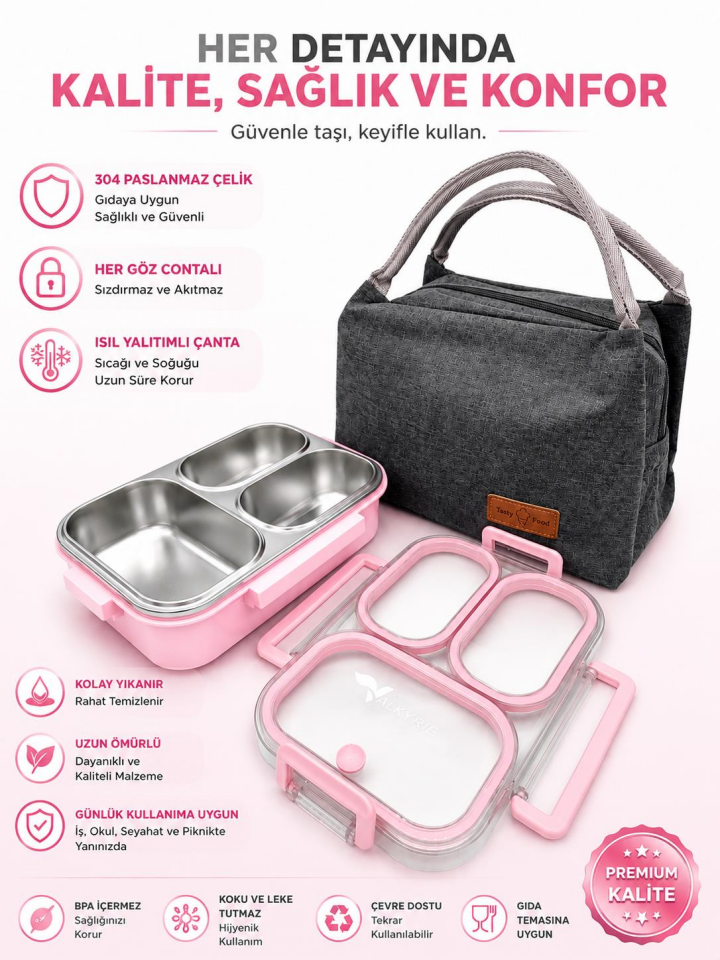 Valkyrie 304 Paslanmaz Çelik 3 Bölmeli Pembe Lunch Box Termal Çantalı – Sızdırmaz Kapaklı Beslenme Kabı,