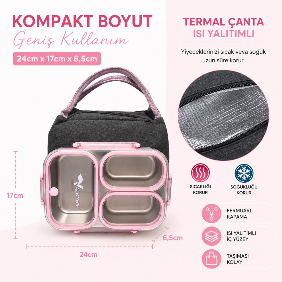Valkyrie 304 Paslanmaz Çelik 3 Bölmeli Pembe Lunch Box Termal Çantalı – Sızdırmaz Kapaklı Beslenme Kabı,