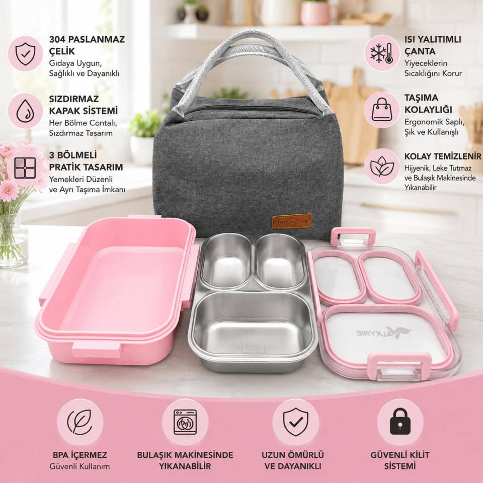 Valkyrie 304 Paslanmaz Çelik 3 Bölmeli Pembe Lunch Box Termal Çantalı – Sızdırmaz Kapaklı Beslenme Kabı,