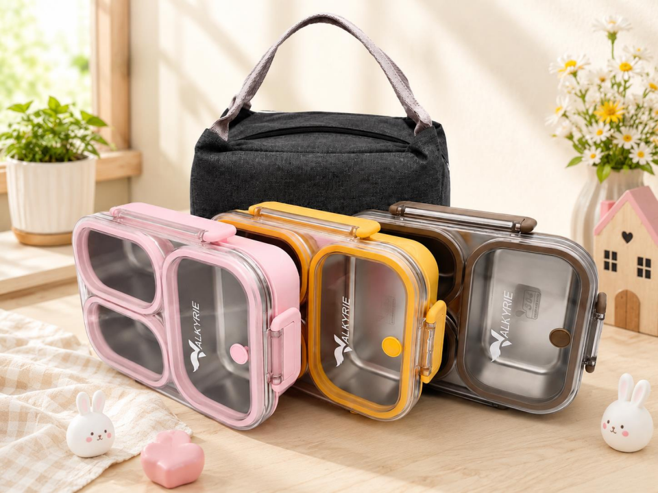 Valkyrie 304 Paslanmaz Çelik 3 Bölmeli Pembe Lunch Box Termal Çantalı – Sızdırmaz Kapaklı Beslenme Kabı,