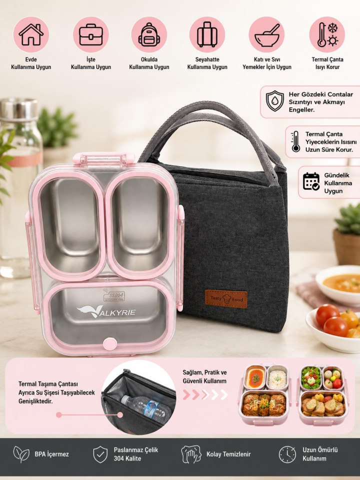 Valkyrie 304 Paslanmaz Çelik 3 Bölmeli Pembe Lunch Box Termal Çantalı – Sızdırmaz Kapaklı Beslenme Kabı,