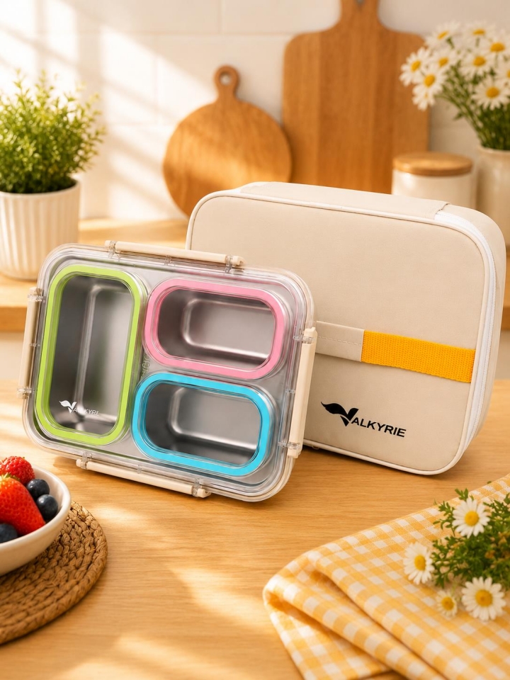 Valkyrie 3 Gözlü Paslanmaz Çelik Lunch Box Termal Taşıma Çantalı, Sızdırmaz Contalı 304 Çelik Bölmeli Yemek Kabı