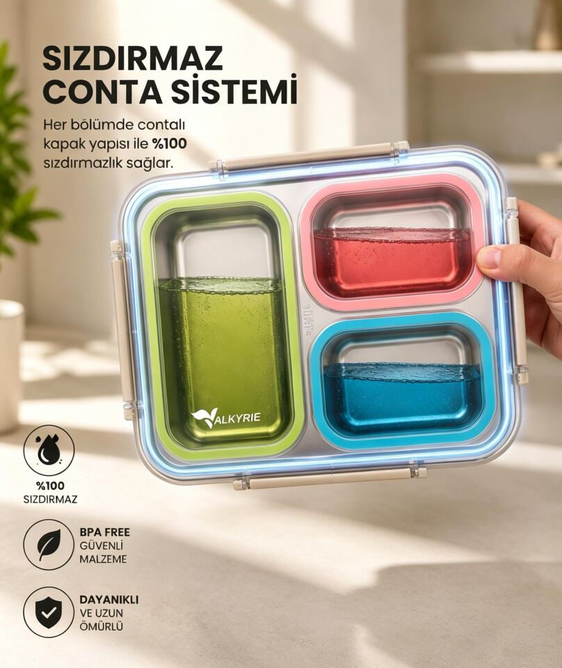Valkyrie 3 Gözlü Paslanmaz Çelik Lunch Box Termal Taşıma Çantalı, Sızdırmaz Contalı 304 Çelik Bölmeli Yemek Kabı