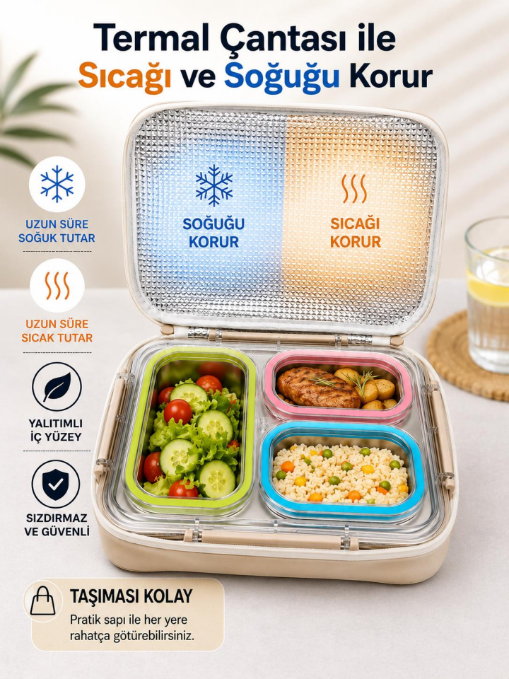 Valkyrie 3 Gözlü Paslanmaz Çelik Lunch Box Termal Taşıma Çantalı, Sızdırmaz Contalı 304 Çelik Bölmeli Yemek Kabı