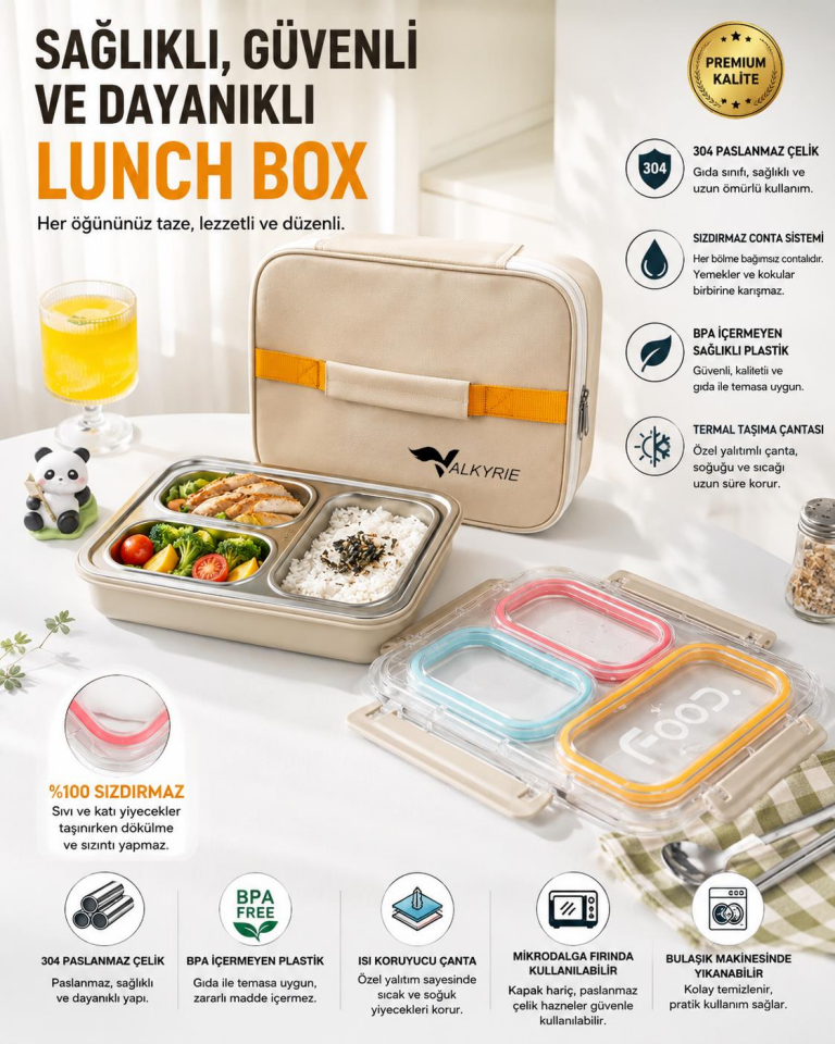 Valkyrie 3 Gözlü Paslanmaz Çelik Lunch Box Termal Taşıma Çantalı, Sızdırmaz Contalı 304 Çelik Bölmeli Yemek Kabı