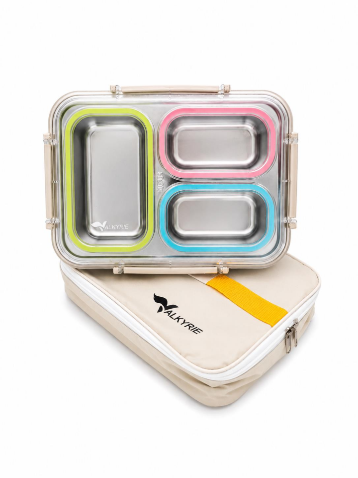 Valkyrie 3 Gözlü Paslanmaz Çelik Lunch Box Termal Taşıma Çantalı, Sızdırmaz Contalı 304 Çelik Bölmeli Yemek Kabı