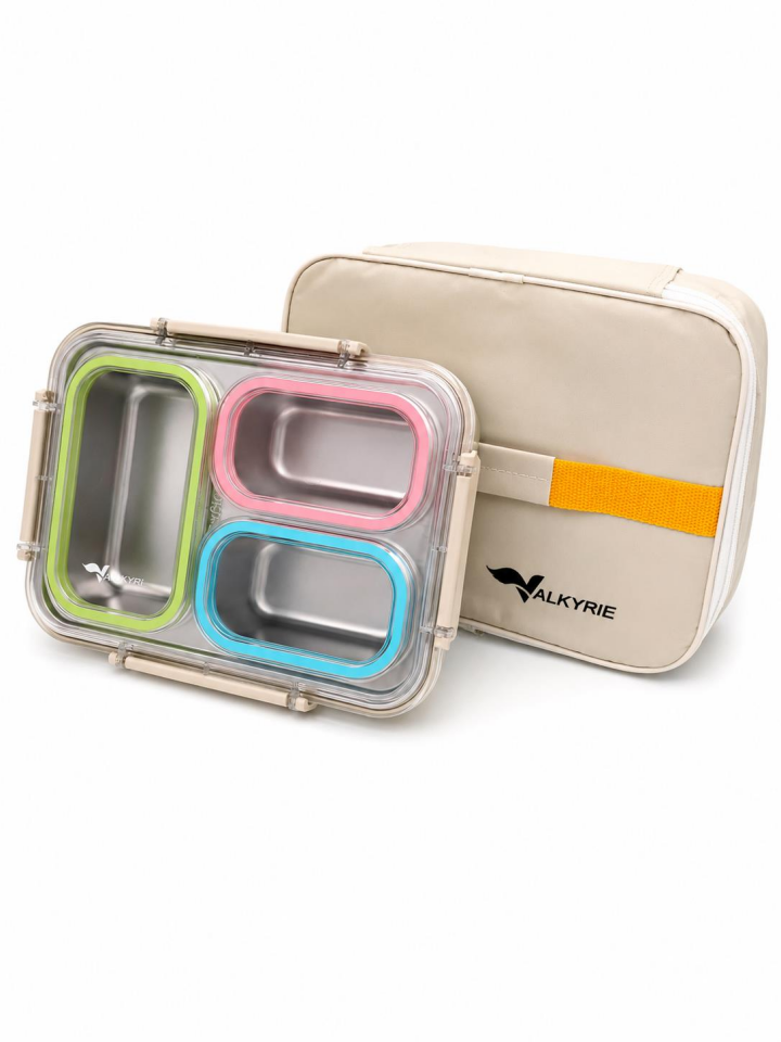 Valkyrie 3 Gözlü Paslanmaz Çelik Lunch Box Termal Taşıma Çantalı, Sızdırmaz Contalı 304 Çelik Bölmeli Yemek Kabı