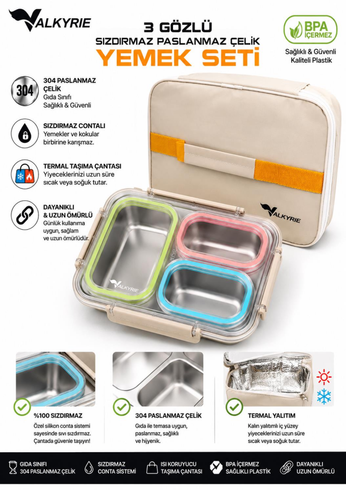 Valkyrie 3 Gözlü Paslanmaz Çelik Lunch Box Termal Taşıma Çantalı, Sızdırmaz Contalı 304 Çelik Bölmeli Yemek Kabı