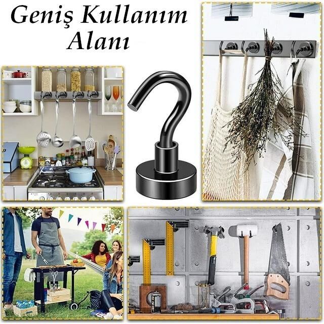 Valkyrie 10 Adet Neodyum Mıknatıs Askı Seti 14kg Taşıma Kanca Mutfak Buzdolabı Banyo Kapı Dolap Balkon Tekne Siyah
