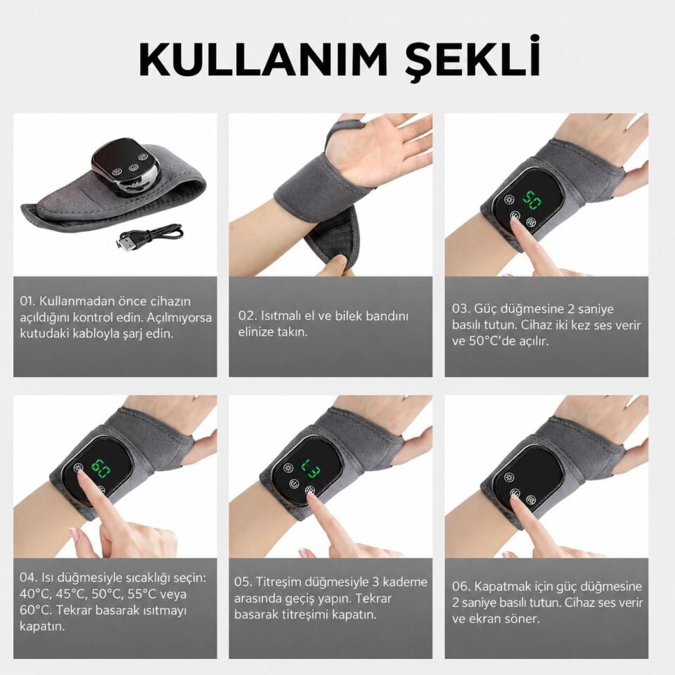 Valkyrie Isıtmalı Titreşimli El Bilek Masaj Aleti Şarjlı 5 Isı Ayarlı 3 Kademeli Masaj Destekli