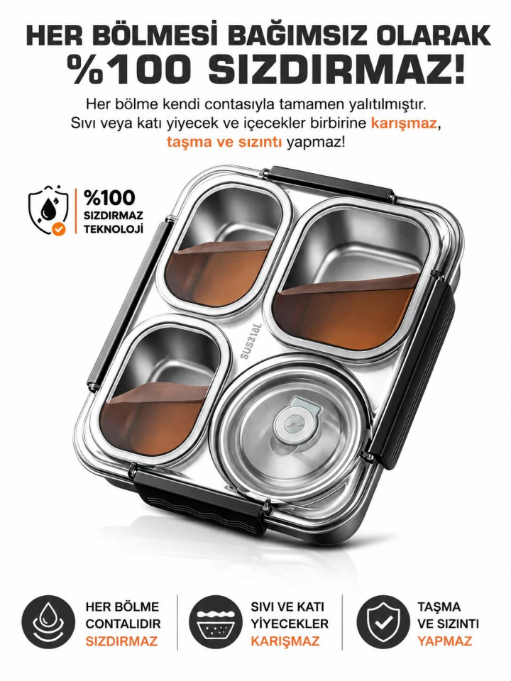 Valkyrie 1500 ML 4 Bölmeli Paslanmaz Çelik Yemek Termosu Beslenme Kabı | Sızdırmaz Lunch Box Termal Taşıma Çantası