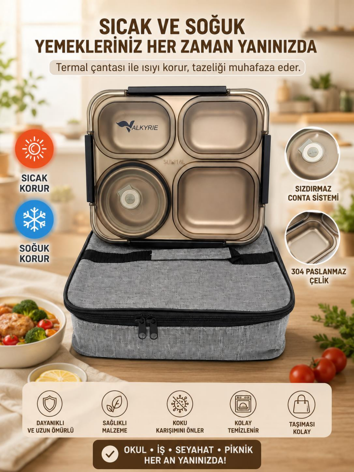 Valkyrie 1500 ML 4 Bölmeli Paslanmaz Çelik Yemek Termosu Beslenme Kabı | Sızdırmaz Lunch Box Termal Taşıma Çantası