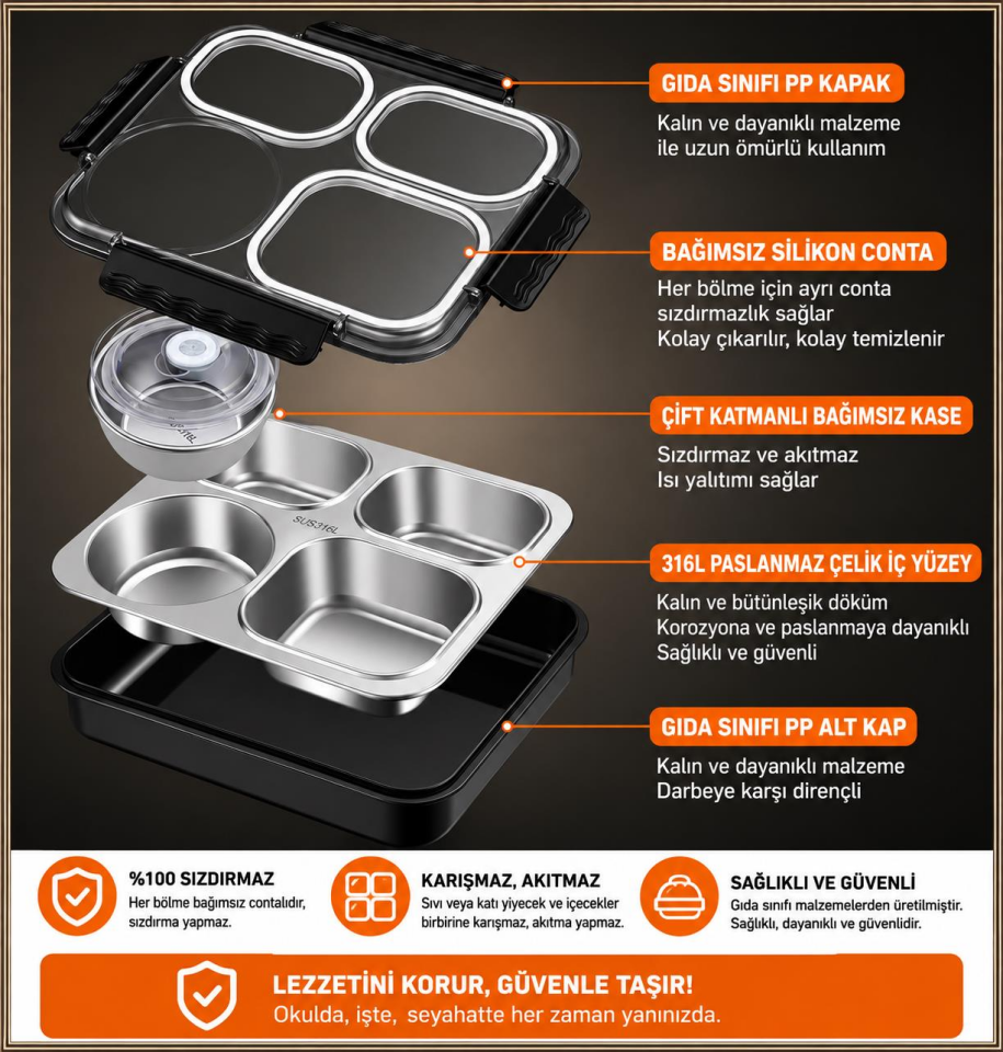 Valkyrie 1500 ML 4 Bölmeli Paslanmaz Çelik Yemek Termosu Beslenme Kabı | Sızdırmaz Lunch Box Termal Taşıma Çantası