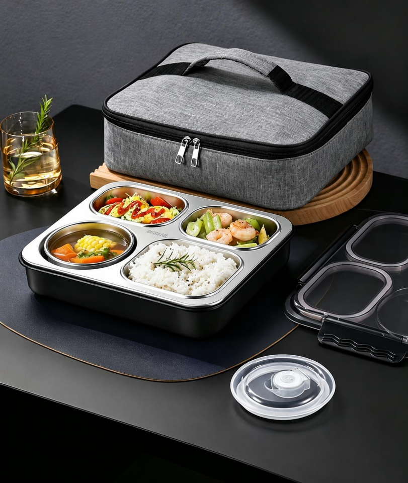 Valkyrie 1500 ML 4 Bölmeli Paslanmaz Çelik Yemek Termosu Beslenme Kabı | Sızdırmaz Lunch Box Termal Taşıma Çantası