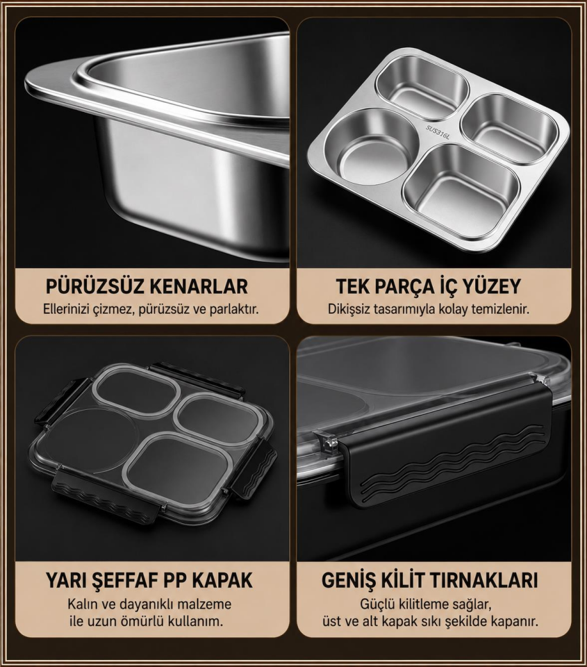 Valkyrie 1500 ML 4 Bölmeli Paslanmaz Çelik Yemek Termosu Beslenme Kabı | Sızdırmaz Lunch Box Termal Taşıma Çantası