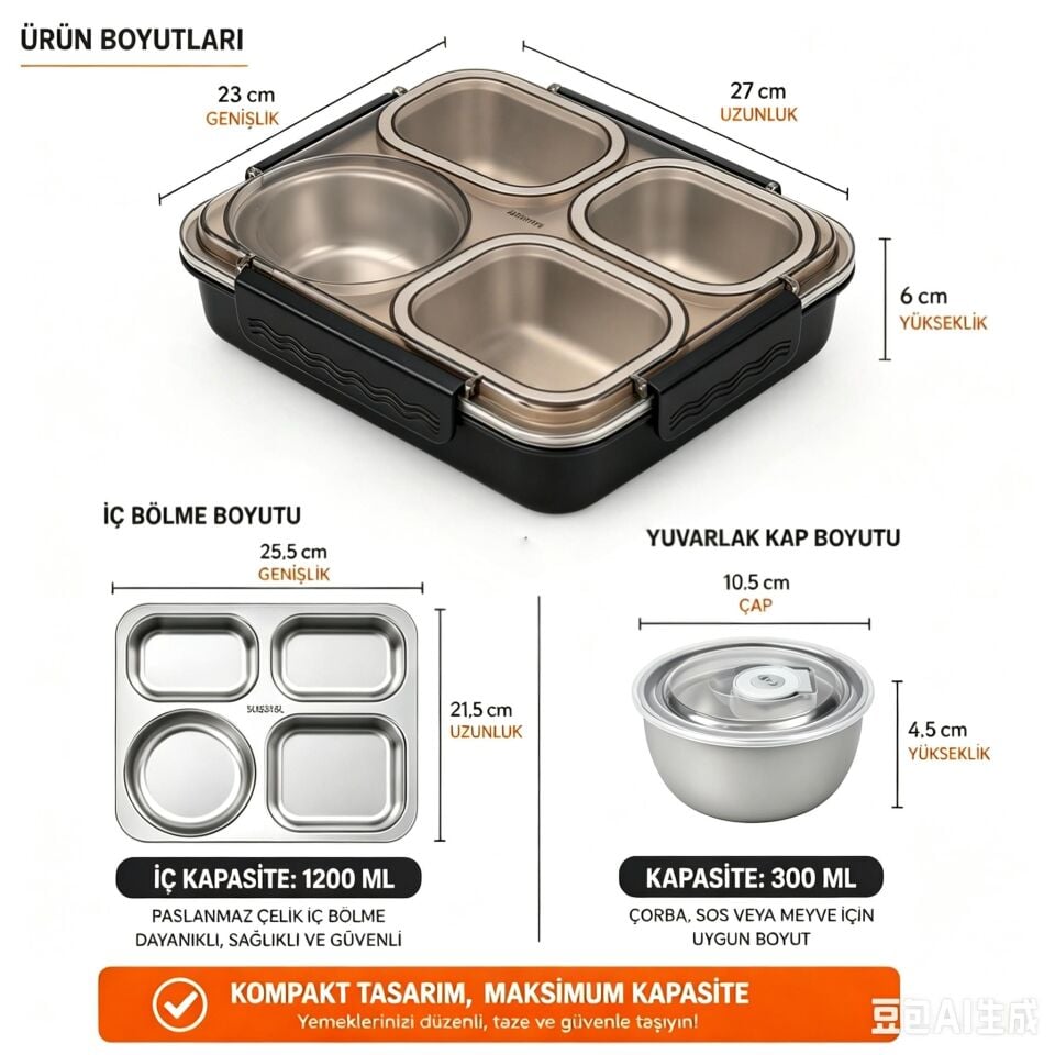 Valkyrie 1500 ML 4 Bölmeli Paslanmaz Çelik Yemek Termosu Beslenme Kabı | Sızdırmaz Lunch Box Termal Taşıma Çantası