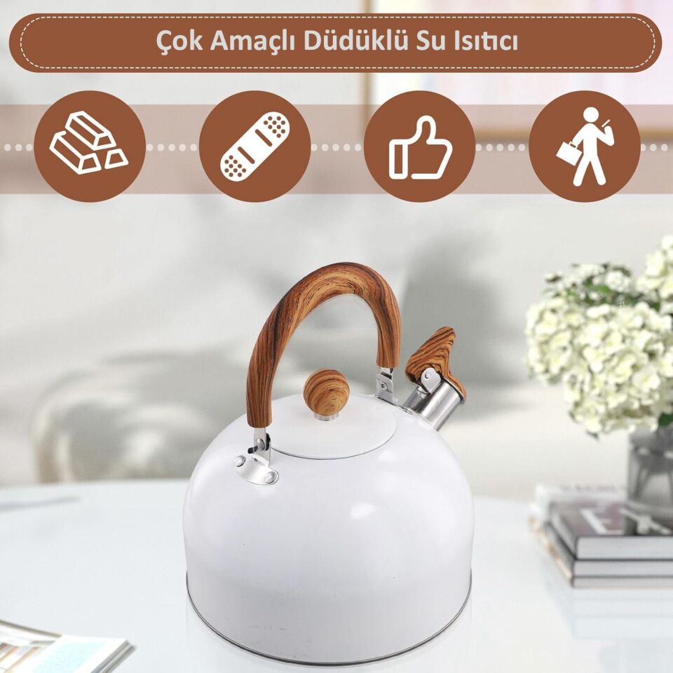 Valkyrie 3L Düdüklü Kettle Su Isıtıcı Çaydanlık Paslanmaz Çelik Yüksek Islıklı Beyaz