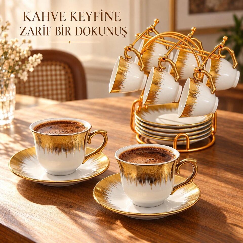 Valkyrie 6 Kişilik Gold Detaylı Porselen Türk Kahvesi Fincan Takımı Standlı 90 ml 12 Parça