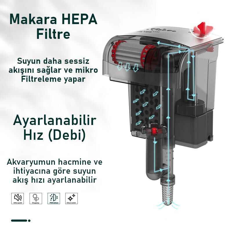 Valkyrie Askılı Akvaryum Şelale Filtre 5W 350 L/H Ayarlanabilir Debi Yüzey Temizleyici