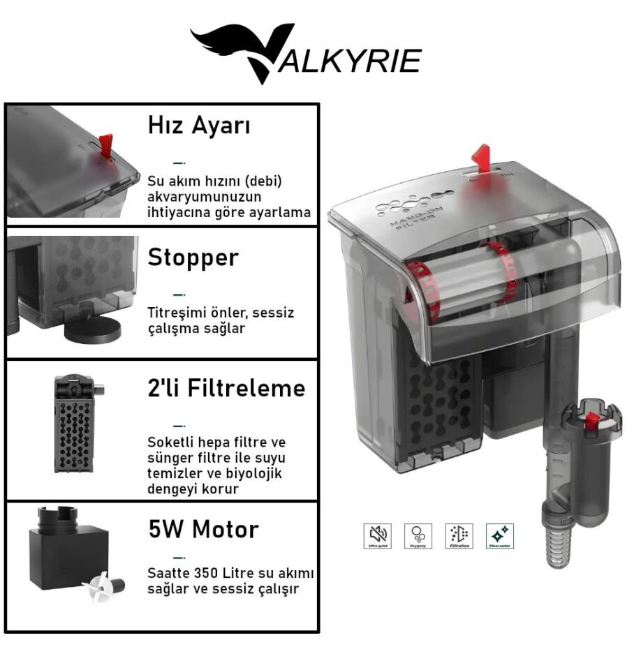 Valkyrie Askılı Akvaryum Şelale Filtre 5W 350 L/H Ayarlanabilir Debi Yüzey Temizleyici