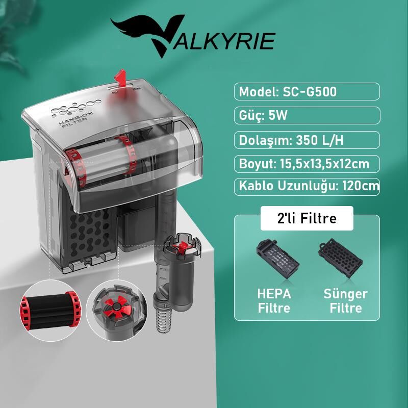 Valkyrie Askılı Akvaryum Şelale Filtre 5W 350 L/H Ayarlanabilir Debi Yüzey Temizleyici