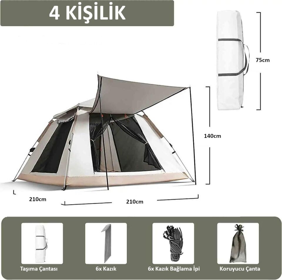 Valkyrie 4 Kişilik Tenteli Kamp Çadırı Tam Otomatik 210x210x140cm Kolay Kurulum