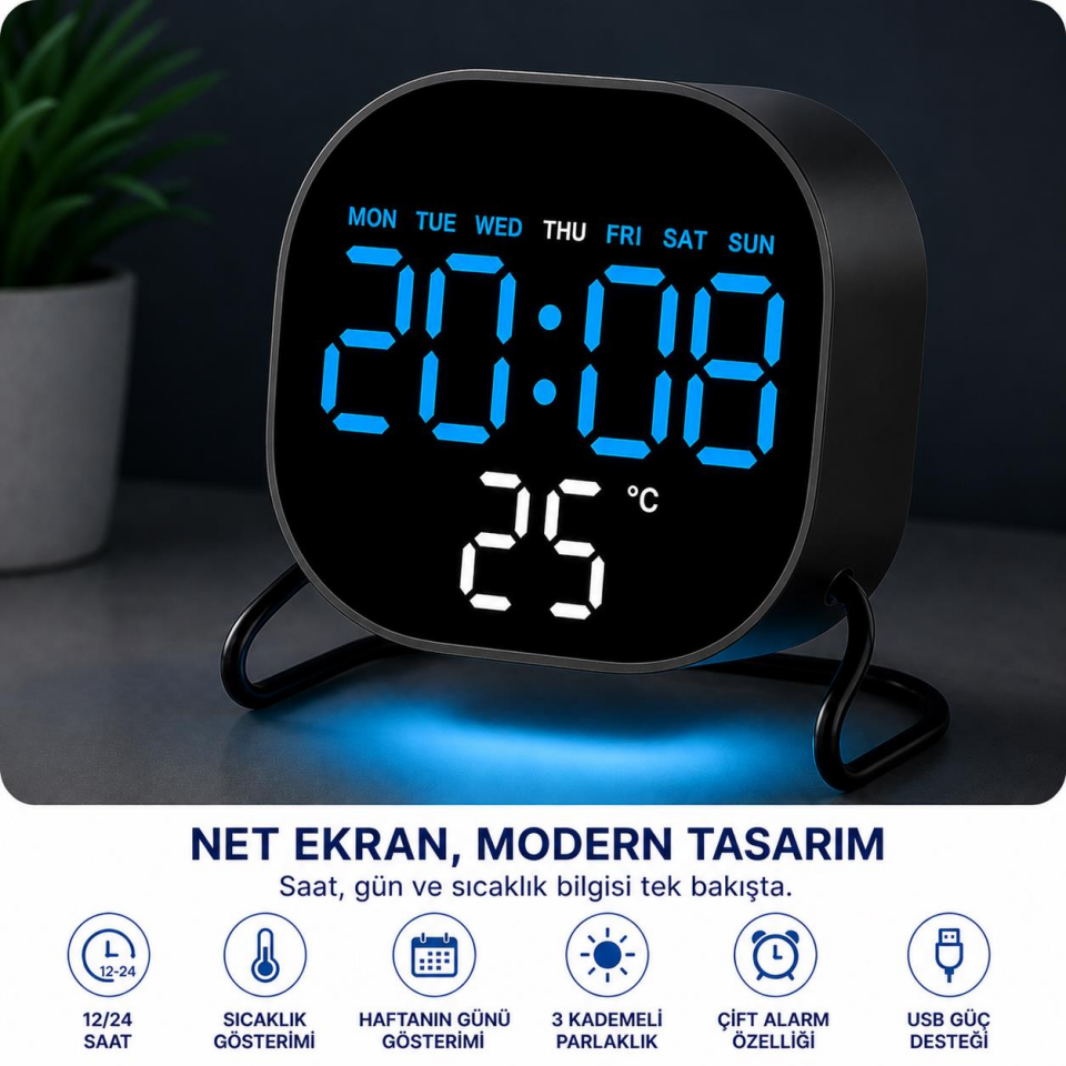 Valkyrie Dijital LED Siyah Masa Saati Alarm Beyaz Derece 3 Kademe Işık, USB Destekli Modern Gece Lambalı Saat