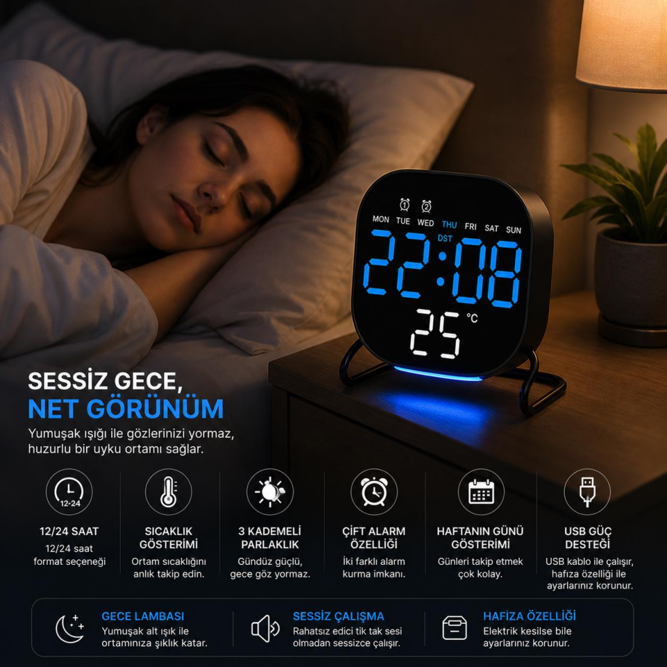 Valkyrie Dijital LED Siyah Masa Saati Alarm Beyaz Derece 3 Kademe Işık, USB Destekli Modern Gece Lambalı Saat
