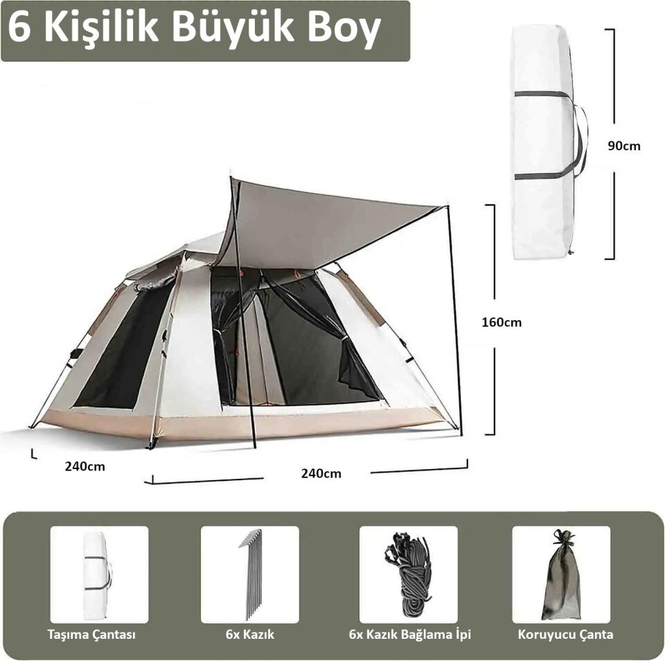 Valkyrie 6 Kişilik Tenteli Kamp Çadırı Tam Otomatik 240x240x160cm Kolay Kurulum