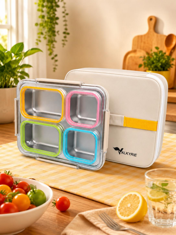 Valkyrie 1500 ml 4 Bölmeli Paslanmaz Çelik Lunch Box Termal Çantalı | 304 Çelik Sızdırmaz Yemek Kabı