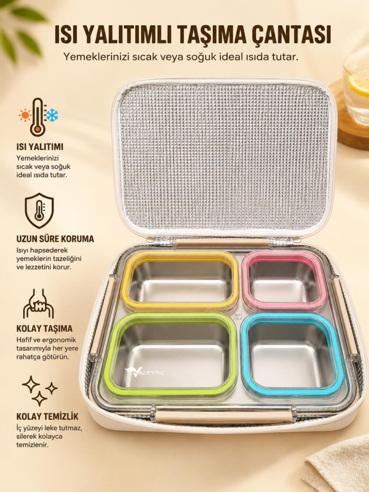 Valkyrie 1500 ml 4 Bölmeli Paslanmaz Çelik Lunch Box Termal Çantalı | 304 Çelik Sızdırmaz Yemek Kabı