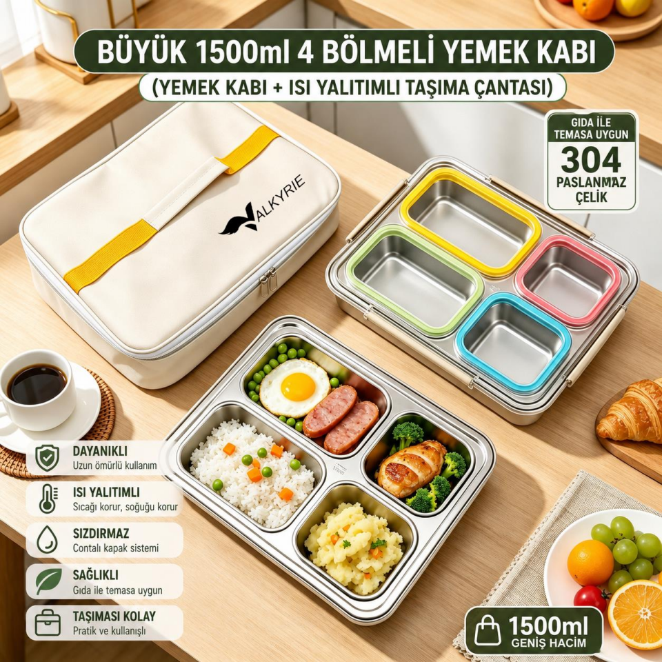 Valkyrie 1500 ml 4 Bölmeli Paslanmaz Çelik Lunch Box Termal Çantalı | 304 Çelik Sızdırmaz Yemek Kabı