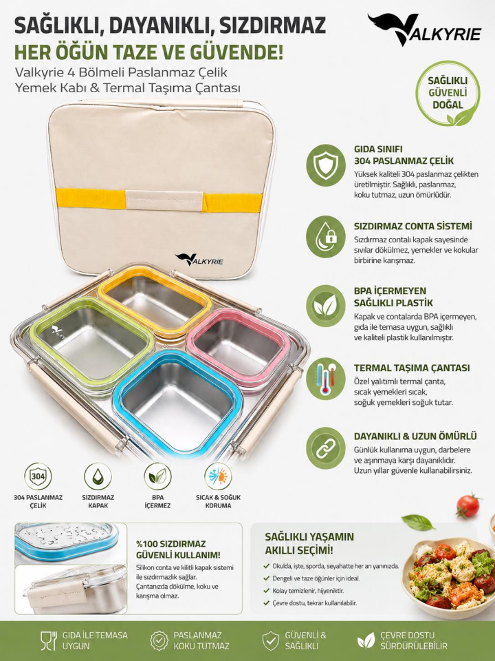 Valkyrie 1500 ml 4 Bölmeli Paslanmaz Çelik Lunch Box Termal Çantalı | 304 Çelik Sızdırmaz Yemek Kabı