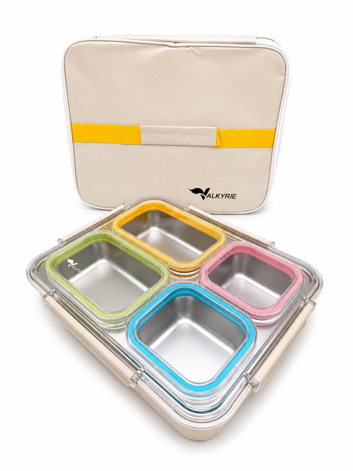 Valkyrie 1500 ml 4 Bölmeli Paslanmaz Çelik Lunch Box Termal Çantalı | 304 Çelik Sızdırmaz Yemek Kabı