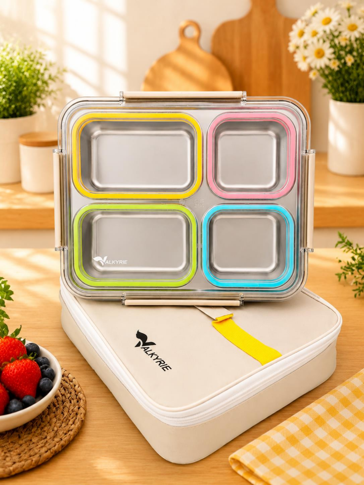 Valkyrie 1500 ml 4 Bölmeli Paslanmaz Çelik Lunch Box Termal Çantalı | 304 Çelik Sızdırmaz Yemek Kabı