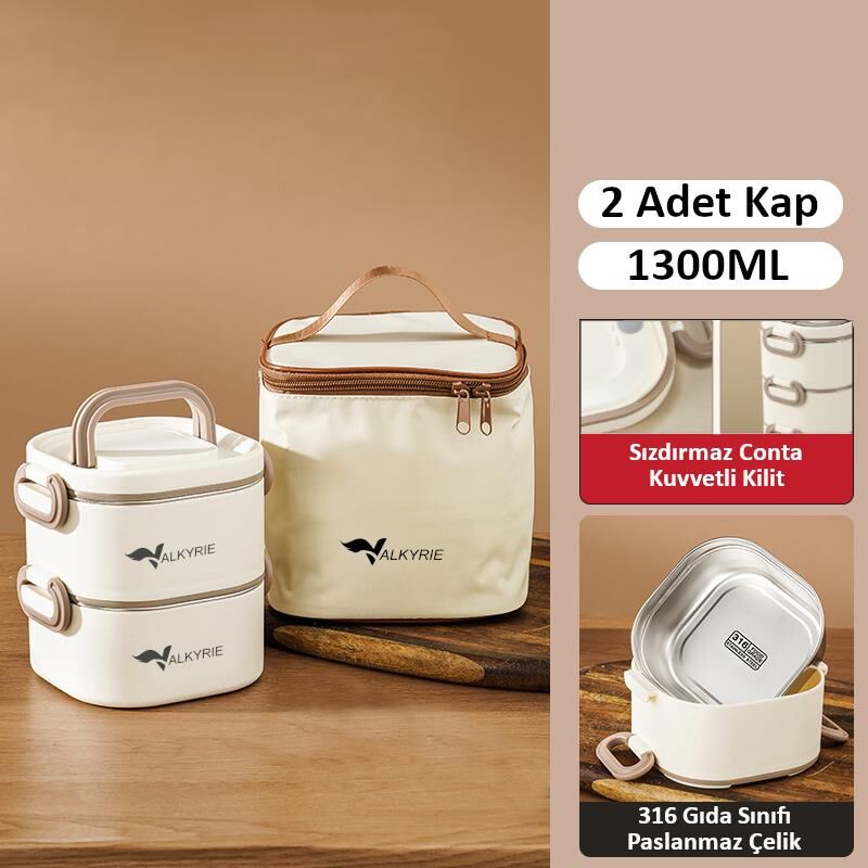 Valkyrie 1300 ML 2 Katlı Paslanmaz Çelik Yemek Kabı – Termal Taşıma Çantalı, Sızdırmaz, BPA İçermez
